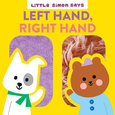 Yellow book cover with a white dog on the right and a brown bear on the left. Text: Left hand, right hand Little Simon Says